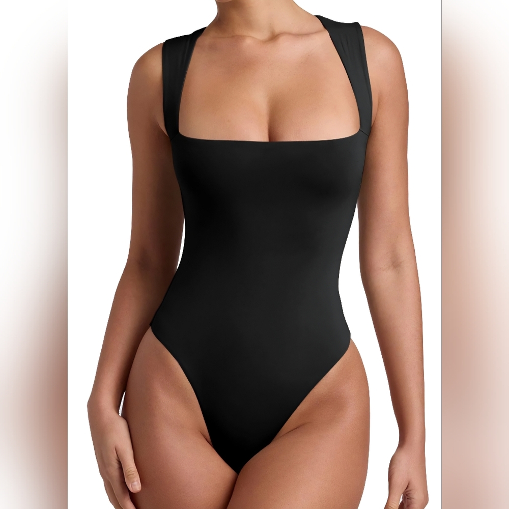 REORIA Black Square Neck Bodysuit Size Small NWT